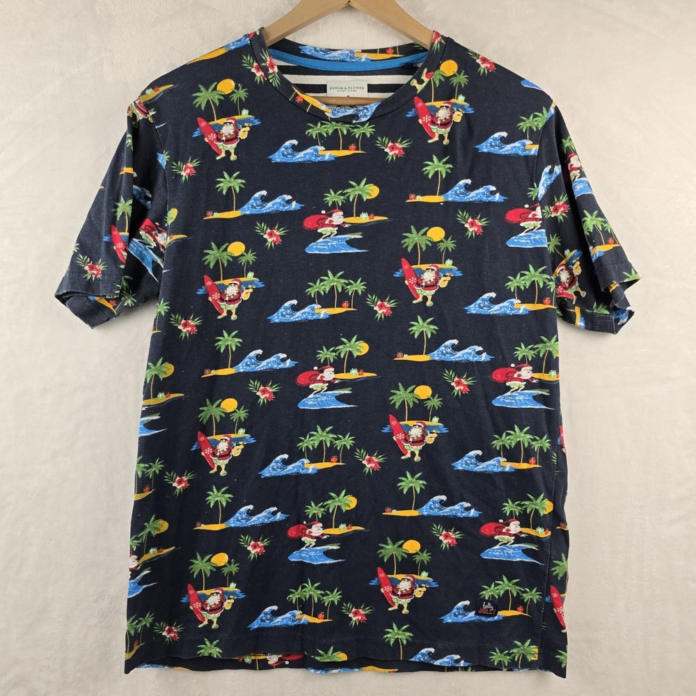 Denim & Flower Shirt Mens Short Sleeve Crew Neck Santa Surf Holiday Cruise MED